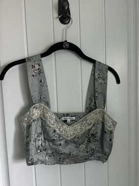 Reformation Floral Lace Trim Crop Top 100% silk- Sage Green